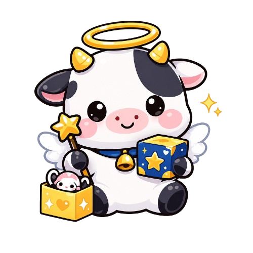 Moo-velous — the Aggie Grails mascot, a kawaii cow holding a blind-box and a charm bag